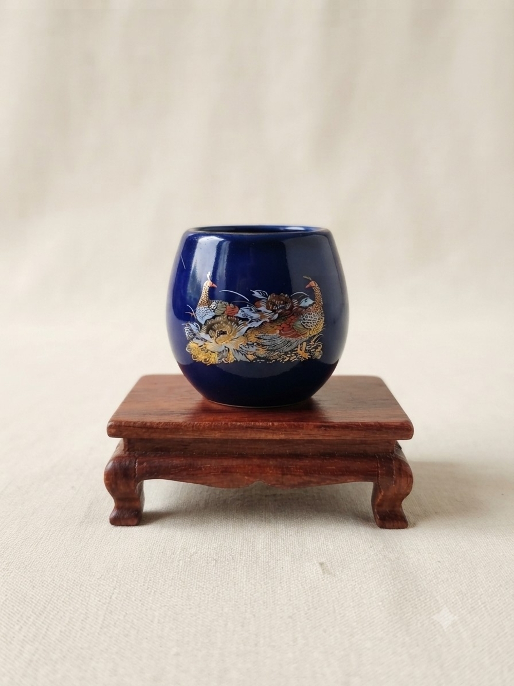 Deep Blue Ceramic Decorative Pot with Gold Bird & Floral Design